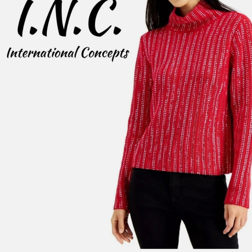 INC International Concepts Red and Rinestone Turtleneck Sweater